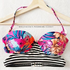 NWT Push Up Cut Out Tropical Floral Print and Stripes Bikini Top